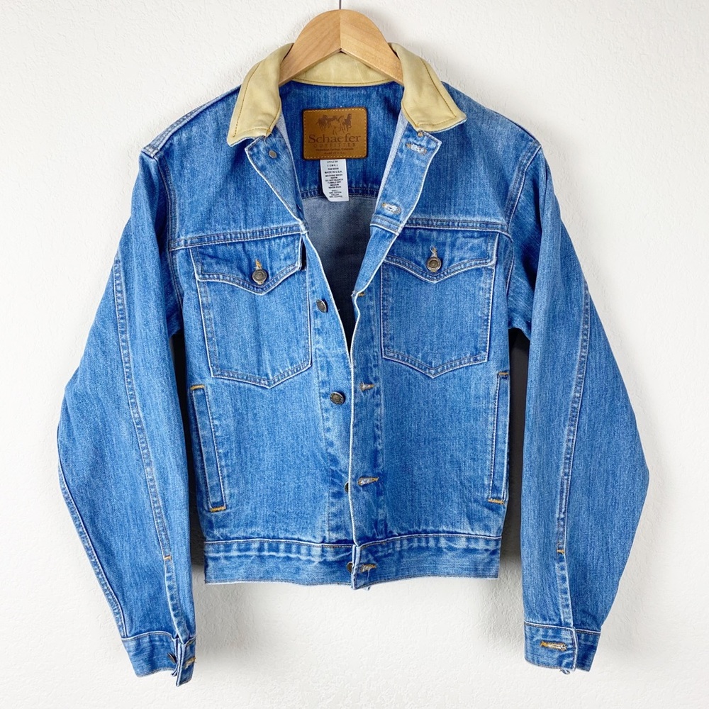 VINTAGE SHAEFER denim & leather jean jacket sh3 - Picture 2 of 8